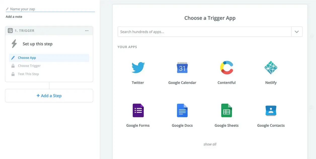 Start screen to create Zap